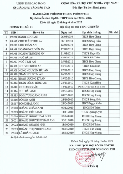 Thông Báo Danh sách thí sinh trong phòng thi Kỳ thi Tuyển sinh lớp 10 - THPT năm học 2025-2026